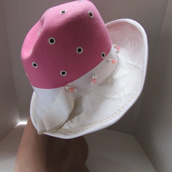 Vintage 1970 Era Hat High Crown Pink Felt White Brim main image 8